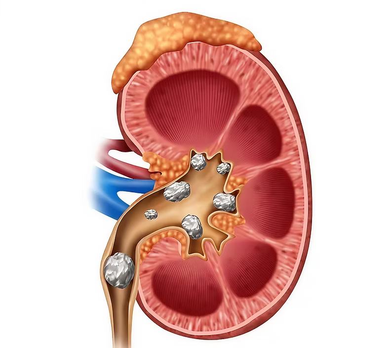 Ilustração de rim com cálculos renais no sistema coletor