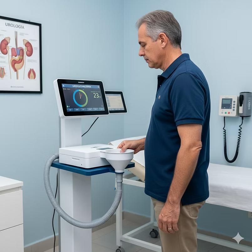 Paciente realizando exame de urofluxometria em equipamento computadorizado